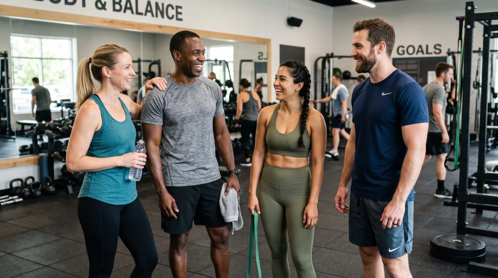 A group of CC Training clients talking together in the gym